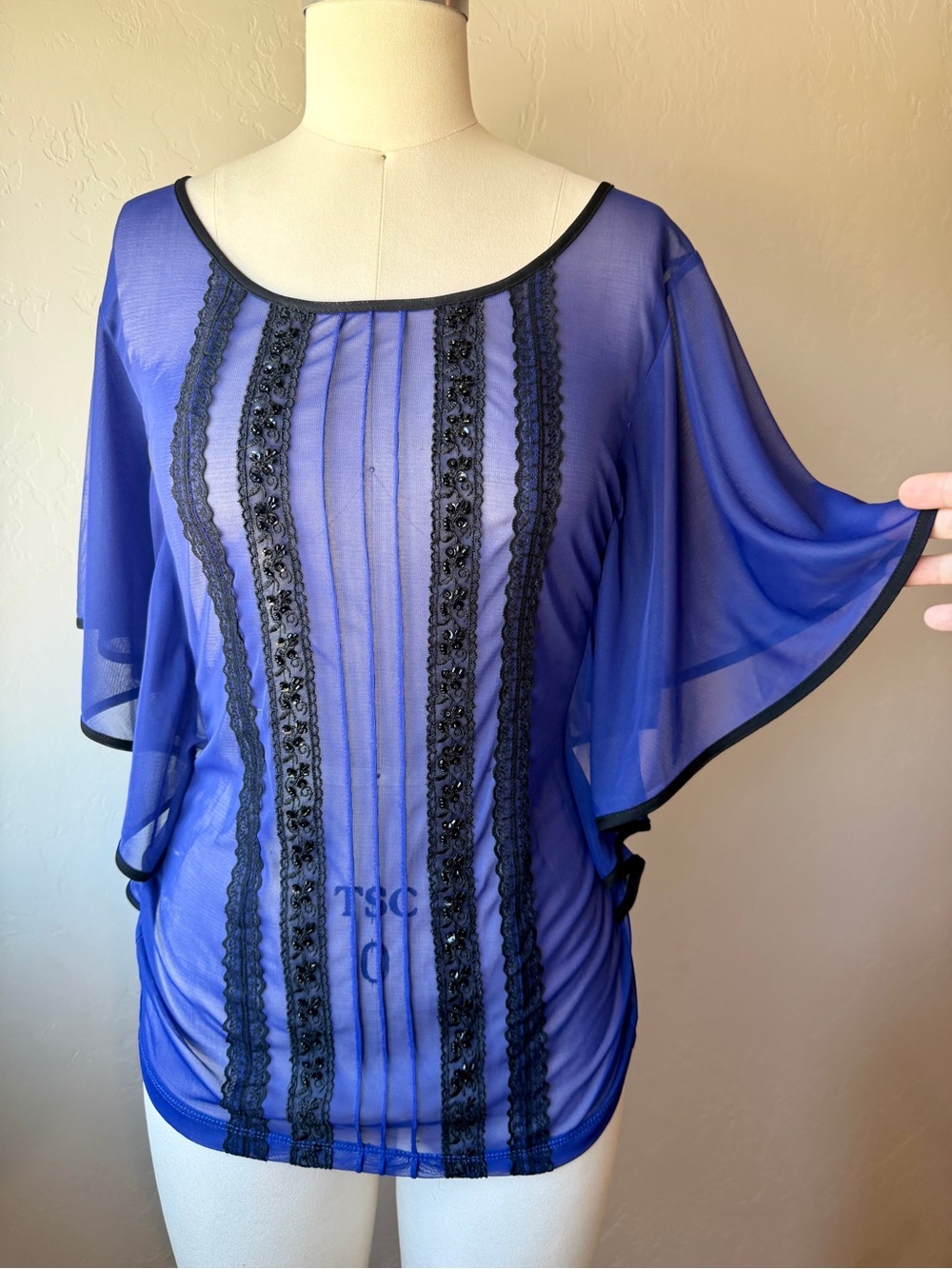 VTG Maurice’s Sheer Royal Blue Lace-Trim Tunic Top